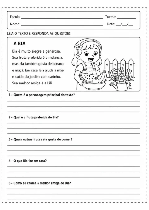 Atividade de leitura sobre Bia e suas frutas favoritas, com desenho da menina segurando uma tigela de frutas