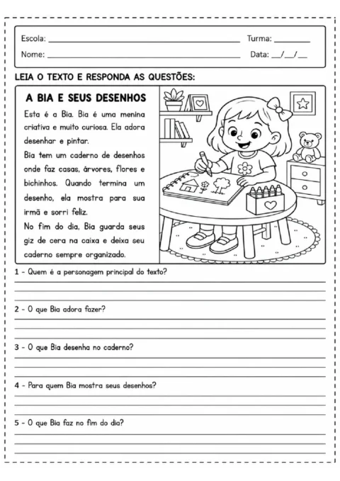 Atividade de leitura sobre Bia desenhando em seu quarto, com perguntas sobre sua rotina e seus desenhos