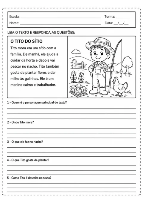 Atividade de leitura sobre Tito no sítio, com ilustração de um menino pescando e perguntas de compreensão