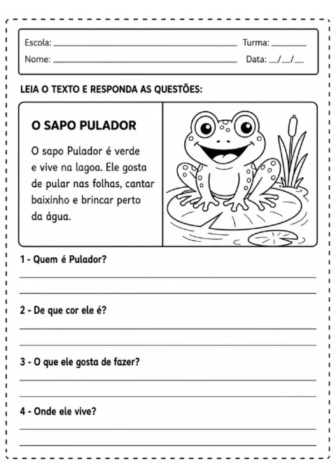 Atividade de leitura sobre o sapo Pulador, com desenho de um sapo no lago e quatro perguntas