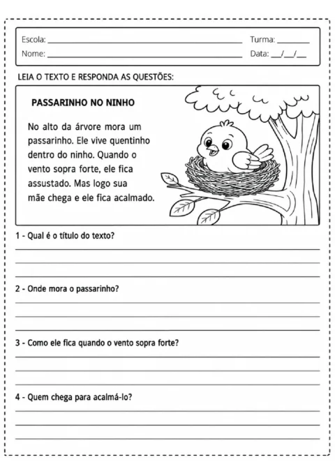 Atividade de leitura sobre um passarinho no ninho, com ilustração de uma ave em uma árvore e perguntas