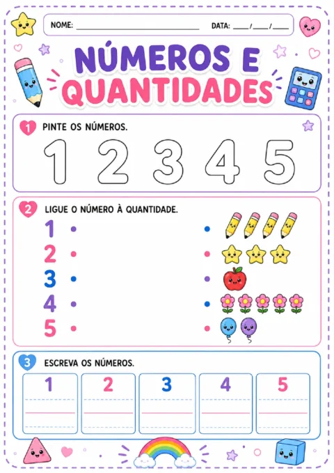 Atividade com números e quantidades, incluindo pintura, ligação de 1 a 5 e escrita dos algarismos.