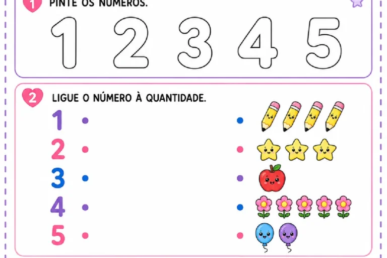 Atividade com números e quantidades, incluindo pintura, ligação de 1 a 5 e escrita dos algarismos.