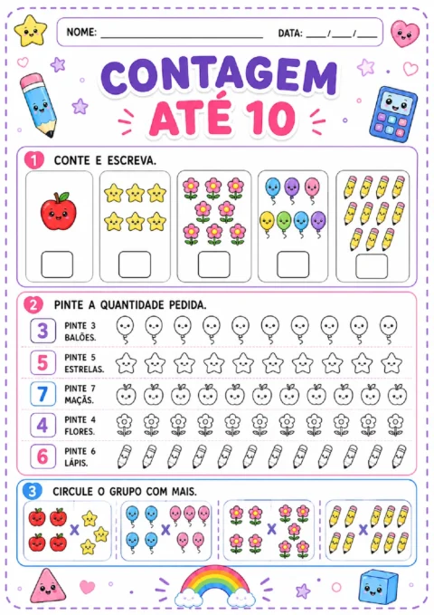 Atividade de contagem até 10 para registrar quantidades, pintar itens e circular o grupo com mais elementos.