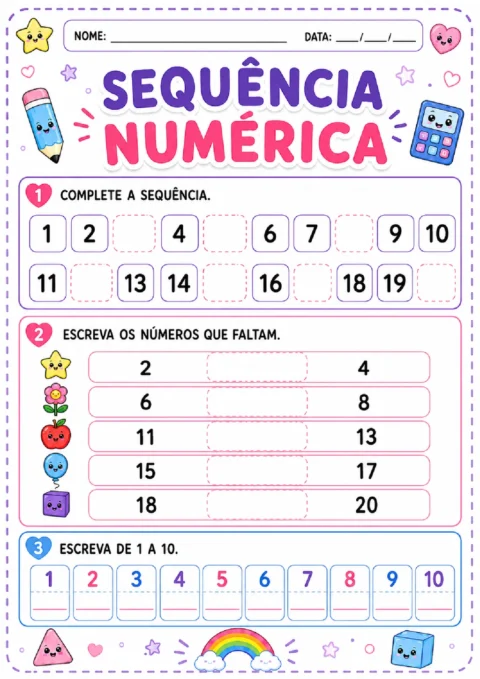 Atividade de sequência numérica com lacunas de 1 a 20 e escrita dos números de 1 a 10.