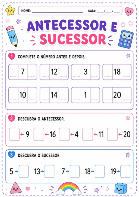 Atividade de antecessor e sucessor para completar os números antes e depois de numerais até 20.