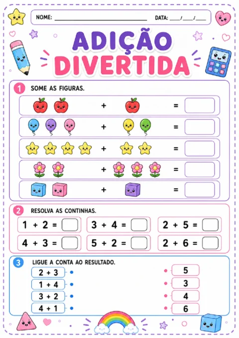 Atividade de adição com figuras, continhas e ligação entre operações e resultados.