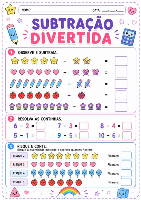 Atividade de subtração com figuras, continhas e comandos para riscar e contar.