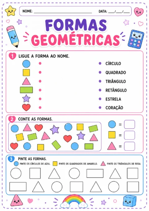 Atividade sobre formas geométricas para ligar nomes, contar figuras e pintar formas.