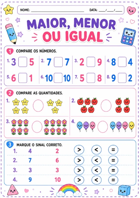 Atividade para comparar números e quantidades usando os sinais de maior, menor ou igual.