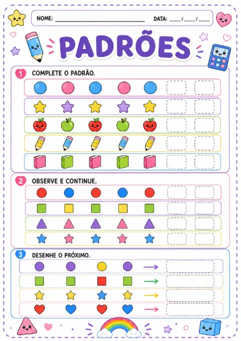 Atividade de padrões com sequências de figuras, cores e formas para completar e desenhar o próximo elemento.