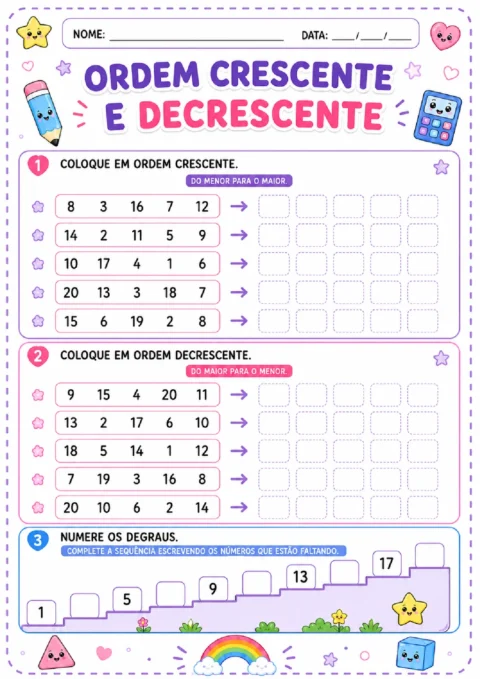 Atividade de ordem crescente e decrescente com grupos de números e uma escada numérica para completar.