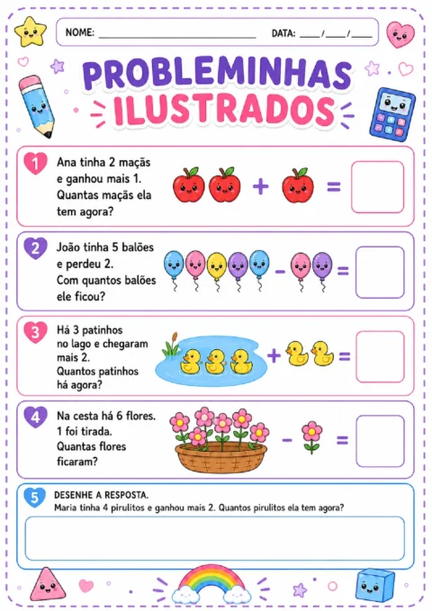 Atividade de problemas ilustrados com maçãs, balões, patinhos, flores e pirulitos para calcular respostas.