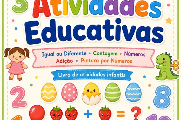 Capa colorida de livro de atividades educativas com brinquedos, números e exemplos de contagem e adição.
