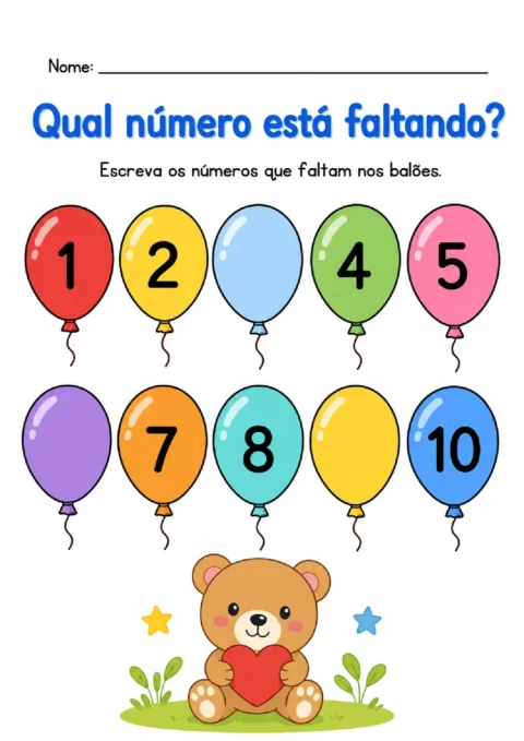 Atividade para escrever os números que faltam na sequência de 1 a 10 em balões coloridos.
