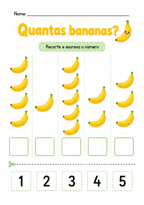 Atividade para contar grupos de bananas e recortar os numerais de 1 a 5 para preencher os quadros.
