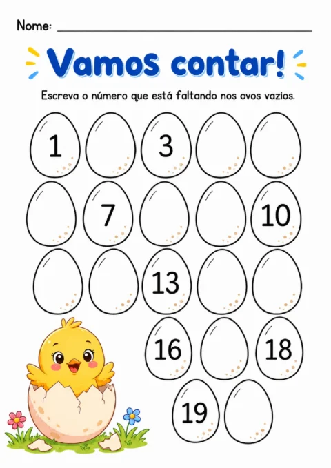 Atividade para escrever os números que faltam na sequência de 1 a 20 em ovos vazios.