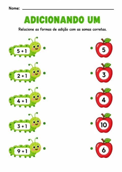 Atividade de adição para ligar somas que incluem 1 aos resultados corretos em maçãs.