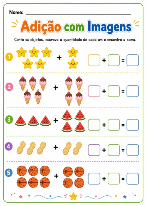 Atividade de adição com estrelas, sorvetes, melancias, amendoins e bolas de basquete para contar e somar.