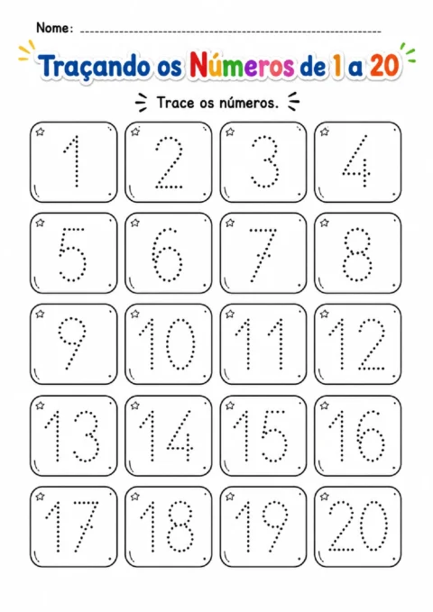 Atividade para traçar números pontilhados de 1 a 20 em quadros individuais.