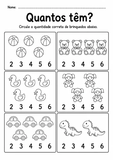 Atividade para circular a quantidade correta de bolas, ursinhos, patos, bonecas, carros e dinossauros.