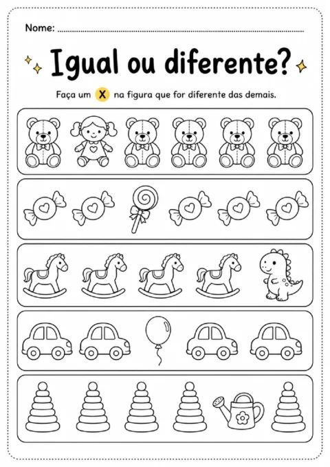 Atividade para identificar e marcar com X a figura diferente em cinco sequências ilustradas.