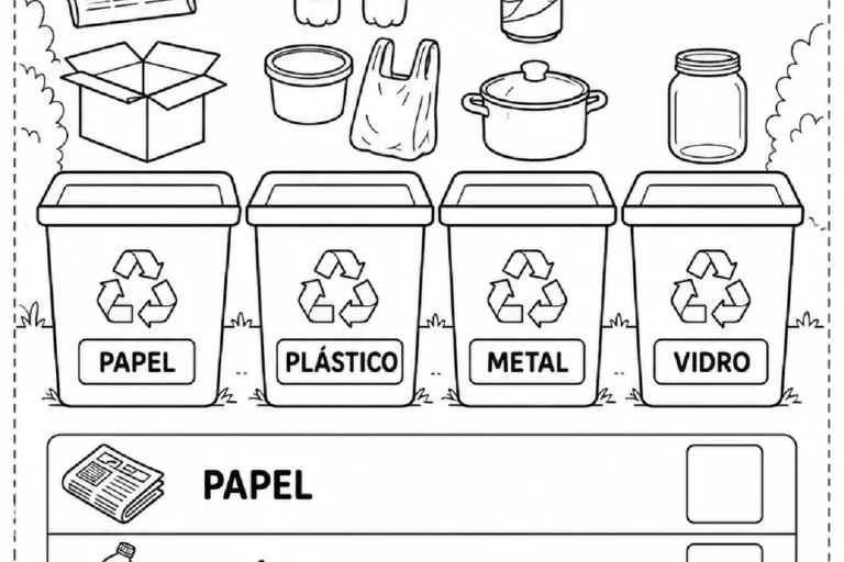 Atividade para contar resíduos de papel, plástico, metal e vidro e registrar as quantidades.