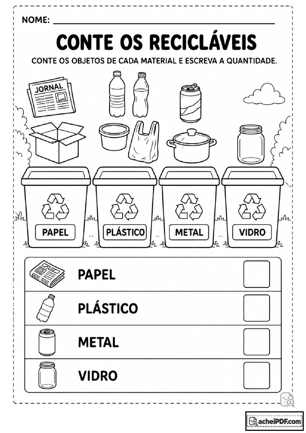Atividades de reciclagem para imprimir e aprender
