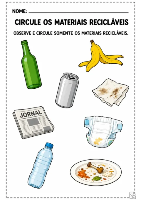 Atividade para circular materiais recicláveis entre garrafa, lata, jornal, fralda, restos de comida e casca de banana.