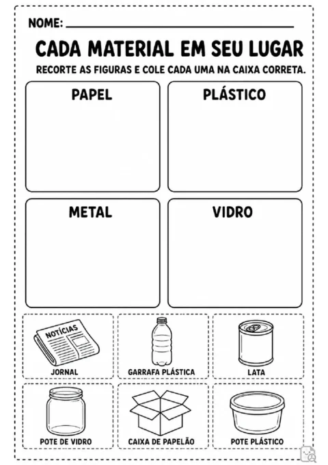 Atividade para recortar jornal, garrafa, lata, pote, caixa e frasco e colá-los na categoria reciclável correta.