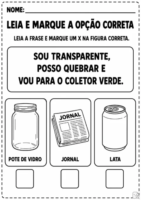 Atividade para marcar o pote de vidro como material transparente que vai ao coletor verde.