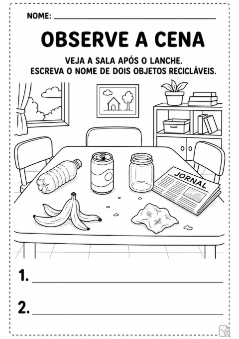 Cena de sala com garrafa, lata, pote de vidro e jornal para escrever o nome de dois recicláveis.