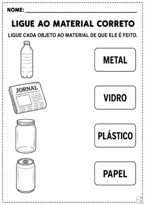 Atividade para ligar garrafa, jornal, pote e lata aos materiais plástico, papel, vidro e metal.