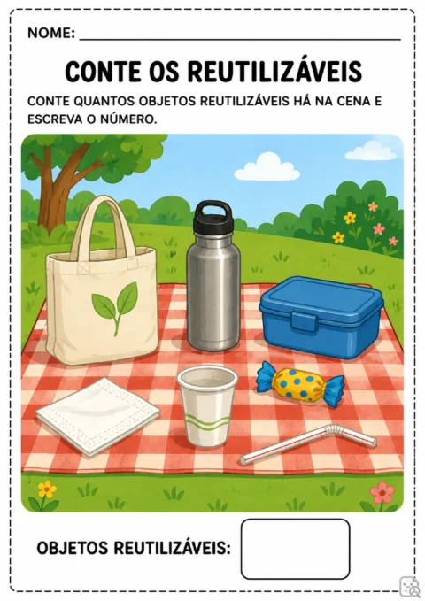 Atividade para contar objetos reutilizáveis em um piquenique e escrever o número encontrado.