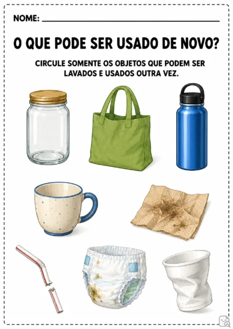 Atividade para circular pote, sacola, garrafa e caneca que podem ser lavados e usados novamente.
