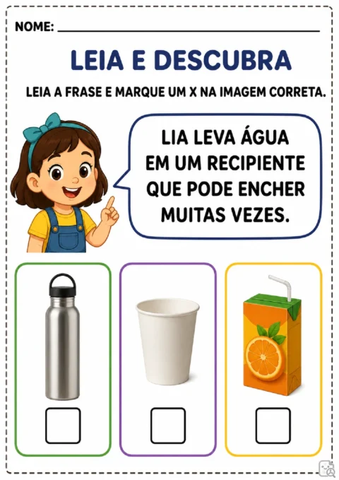 Atividade de leitura para marcar com X a garrafa reutilizável que pode ser enchida com água.