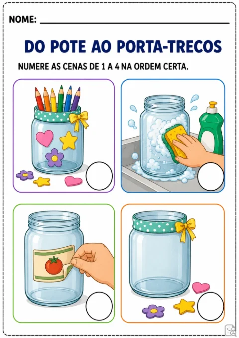 Atividade para numerar de 1 a 4 as etapas de transformar um pote em porta-trecos.
