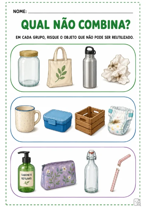 Atividade para riscar o item que não pode ser reutilizado em cada grupo de objetos.