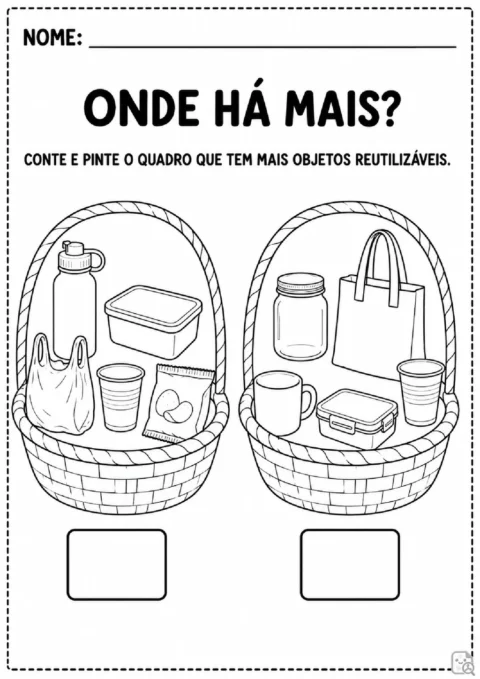 Atividade para contar objetos reutilizáveis em duas cestas e pintar o quadro com mais itens.