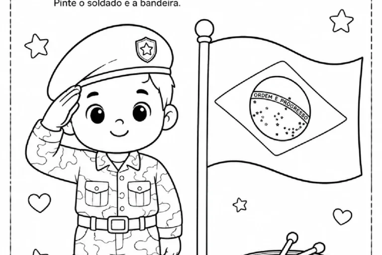 Atividade do Dia do Soldado para pintar um soldado em continência e a bandeira do Brasil.