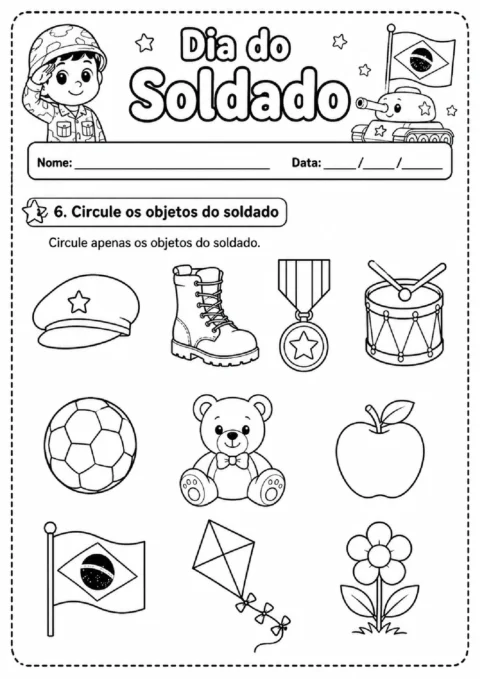 Atividade para circular objetos relacionados ao soldado, como boné, bota, medalha e tambor.