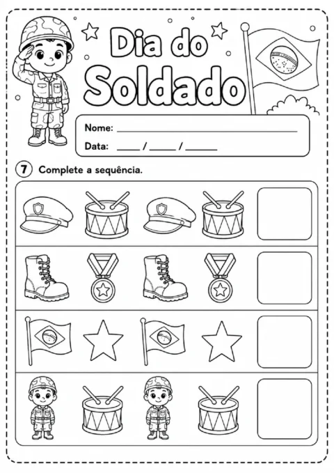 Atividade para completar sequências com boné, tambor, bota, medalha, bandeira, estrela e soldado.