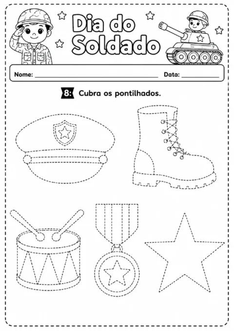 Atividade para cobrir os pontilhados de boné, bota, tambor, medalha e estrela.