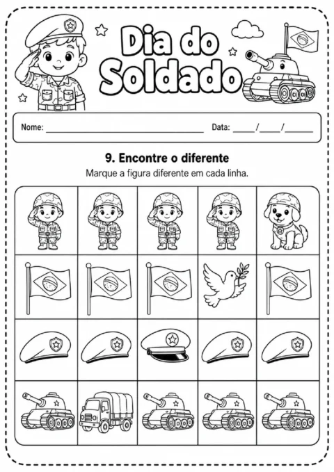 Atividade do Dia do Soldado para marcar a figura diferente em cada linha de desenhos.