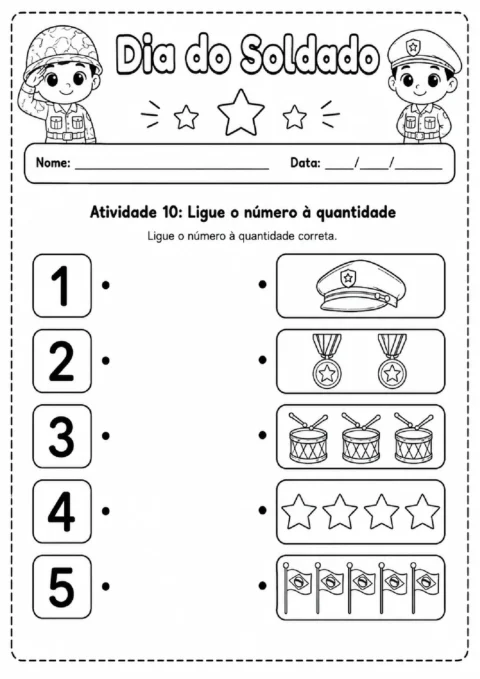 Atividade do Dia do Soldado para ligar os números de 1 a 5 às quantidades correspondentes.