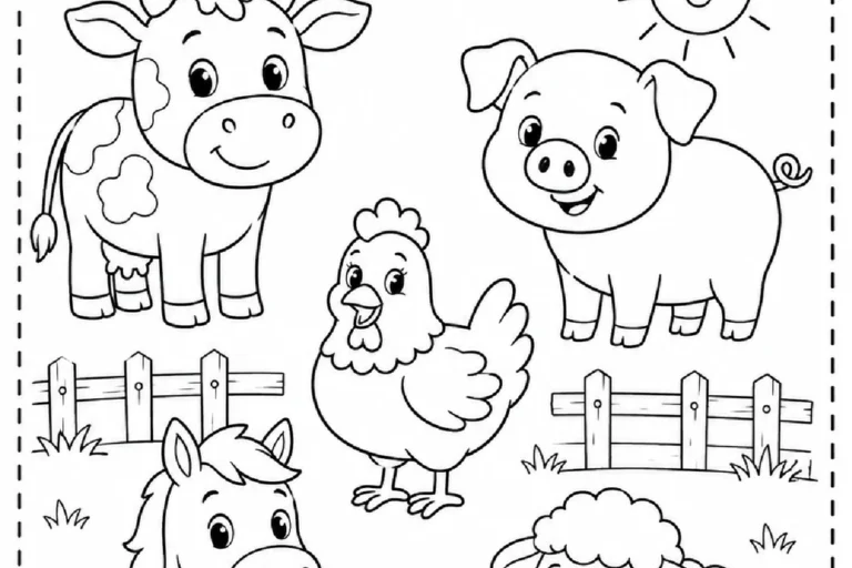 Atividade de colorir com animais da fazenda: vaca, porco, galinha, cavalo e ovelha.