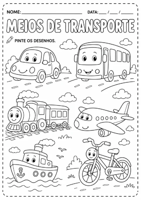 Atividade para pintar com carro, ônibus, trem, avião, barco e bicicleta.