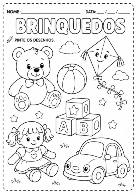 Atividade para pintar com ursinho, bola, pipa, blocos, boneca e carrinho.