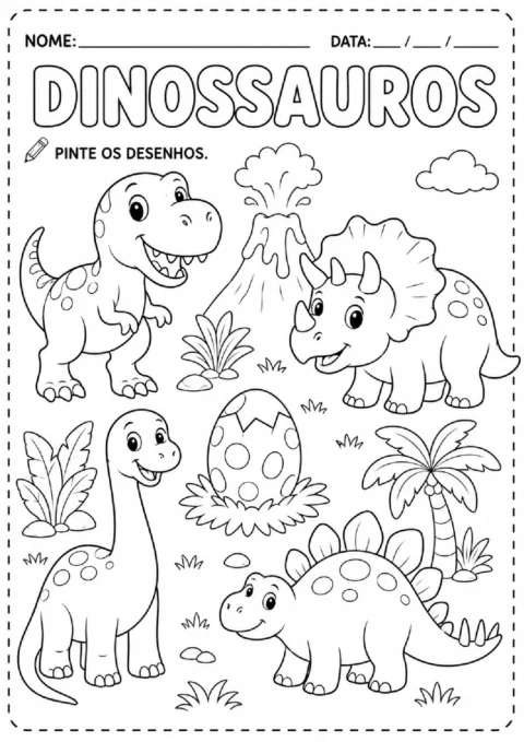 Atividade para pintar com tiranossauro, tricerátopo, dinossauro pescoçudo, estegossauro e ovo.