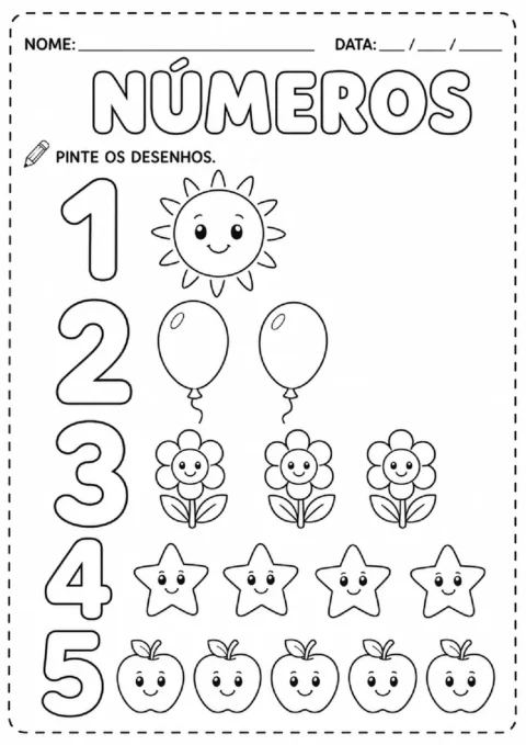 Atividade para pintar e associar os números de 1 a 5 às quantidades de sol, balões, flores, estrelas e maçãs.